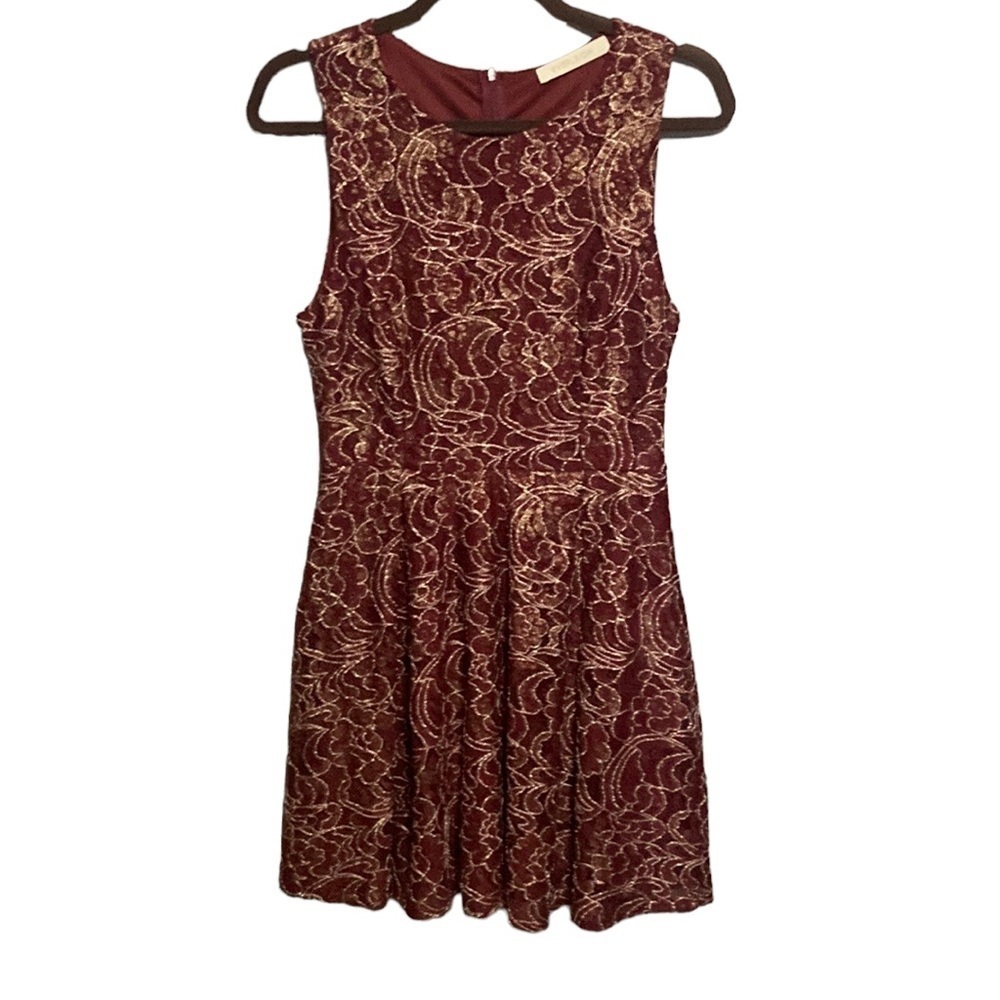 Everleigh burgundy with gold lace floral overlay dress